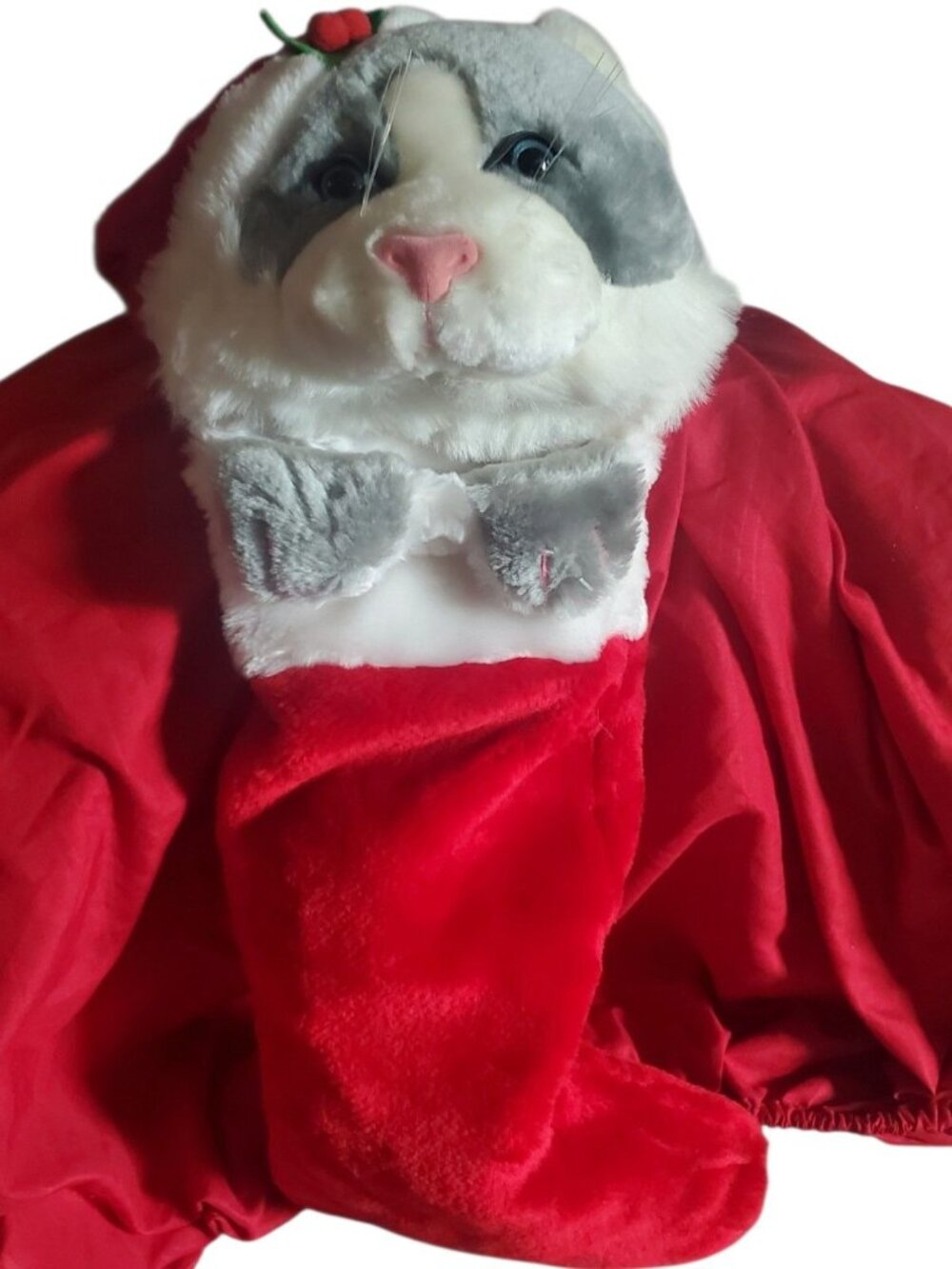 Vtg Cat Christmas Stocking Plush Gray & White Face W/Red Velvet Santa Hat & Loop